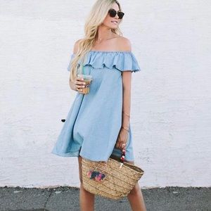 Ruffled Strapless Chambray Dress